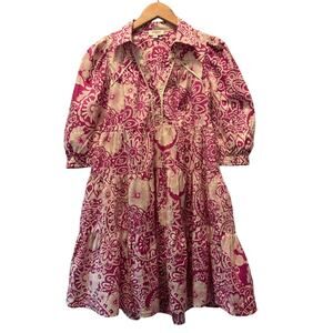 Umgee Womens Mini Dress Pink Paisley Floral Tiered 3/4 Puff Sleeve Boho Sz Small